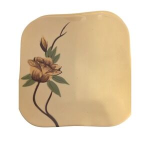 Vintage Yellow Rose Weil Ware Calif Pottery Hand Decorated Square Floral Plate‎